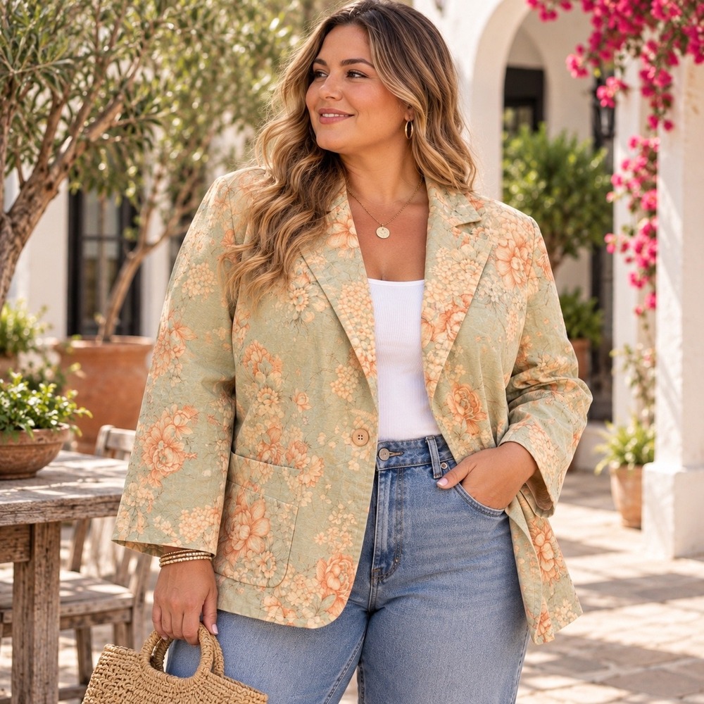 Vintage CasaBlanca Sport Green Floral Print Cotton Spandex Blazer Jacket | 2X